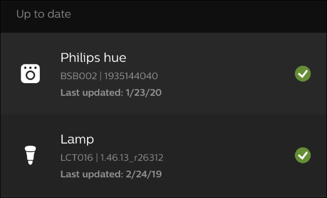 A list of up-to-date devices in the Hue app