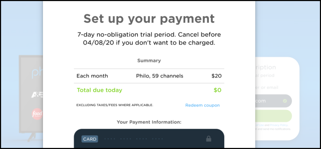 The "Set Up Your Payment" page on Philo.