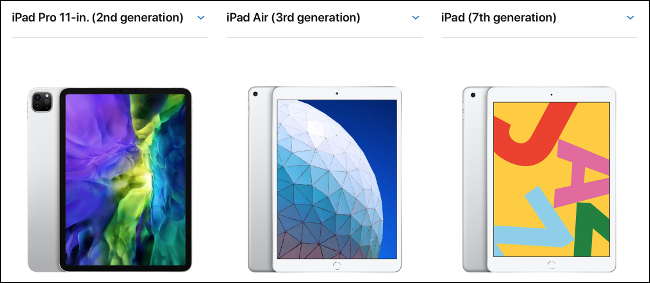 An iPad, iPad Air, and iPad Pro 11-inch, side-by-side comparison.