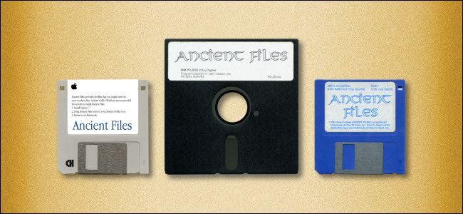 One 5.25-inch and two 3.5-inch floppy disks.