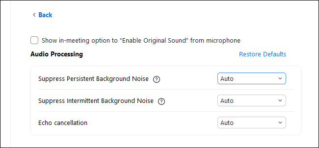 Zoom's background noise options in its Settings window.
