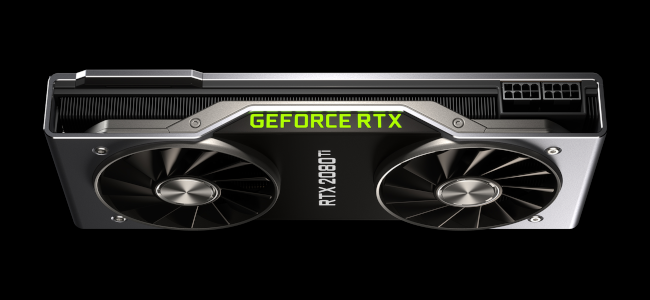 An overhead view of the RTX 2080 Ti graphics card on a black background.