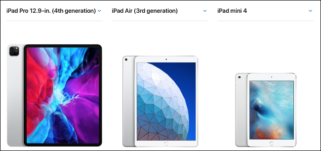 A 2020 12.9-inch iPad Pro, iPad Air, and iPad mini.