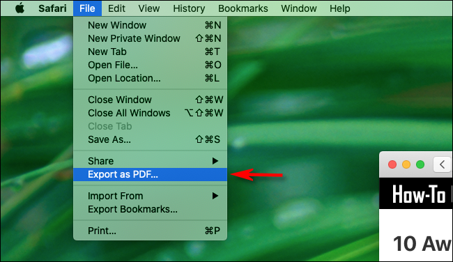 Click File > Export as PDF in Safari on Mac