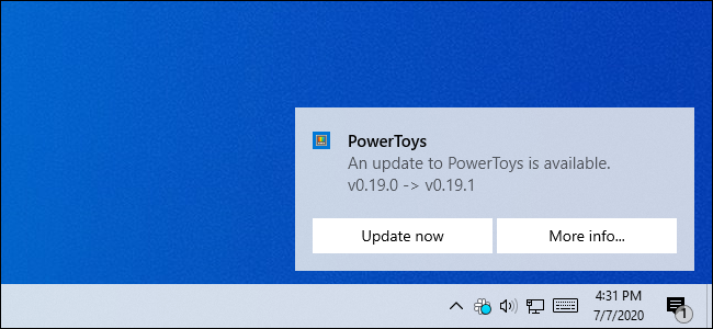 A notification toast for Microsoft PowerToys on Windows 10.