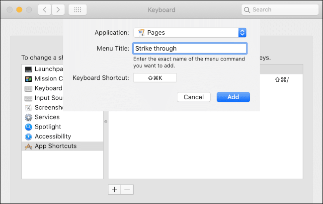A custom keyboard shortcut being created for the "Pages" app in the "Keyboard" menu.