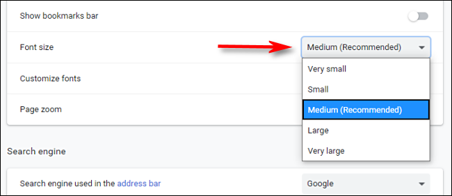 Select a default font size from the drop-down menu in Chrome settings