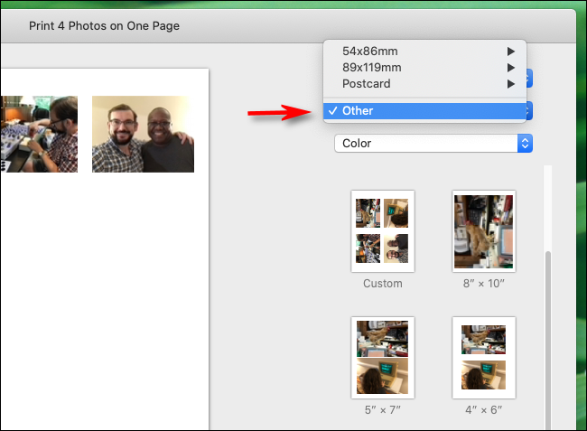Select Other in paper sizes in Photos app on Mac
