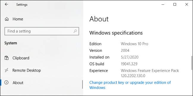 Windows 10's Settings > System > About screen.