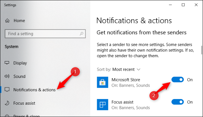 Disabling Microsoft Store notifications in the Settings app.