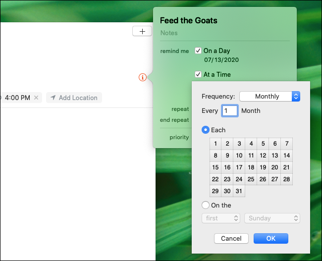 Custom reminder repeat options in the Remindes app on a Mac
