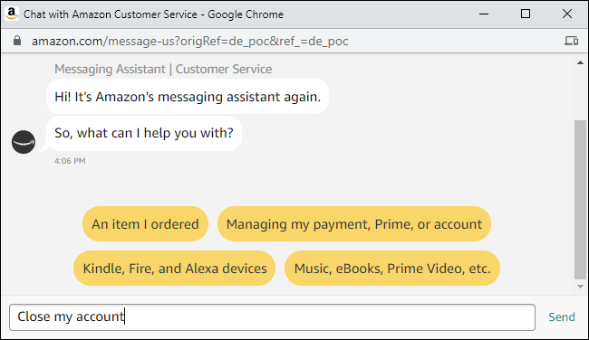 Asking Amazon customer service to close an account.