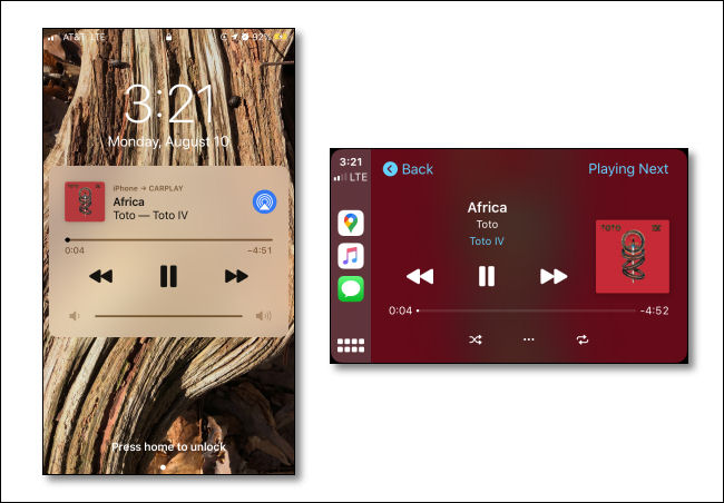 An image of a music app playing a song on an iPhone next to another image of the same song playing on a CarPlay display.