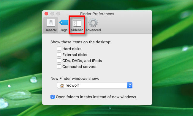 In Finder Preferences, click the "Sidebar" tab on Mac.