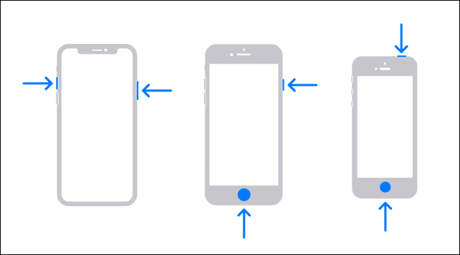 Diagram of the buttons to press to take a screenshot on three iPhone models.