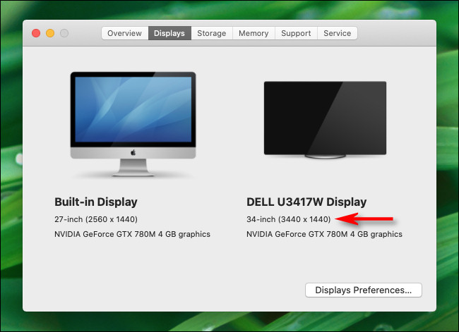 In the "About This Mac" Displays tab, you will see the resolution of your multiple monitors on Mac.