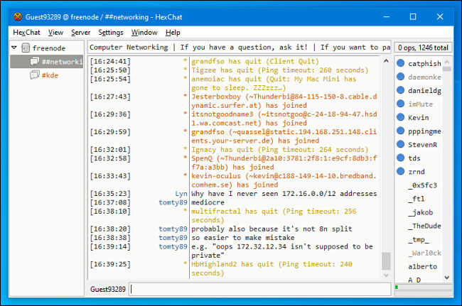 An IRC chat channel in HexChat for Windows.