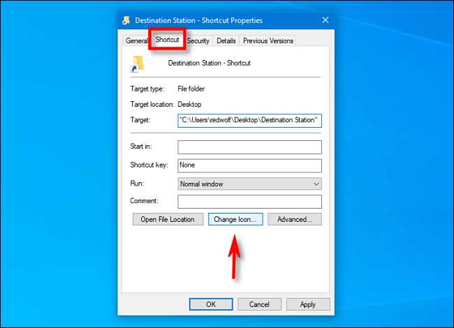 In ther "Properties" window, select the "Shortcut" tab and click "Change Icon" in Windows 10.