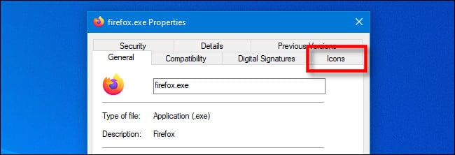 In the EXE Properties window on Windows 10, click the special IconViewer "Icon" tab.