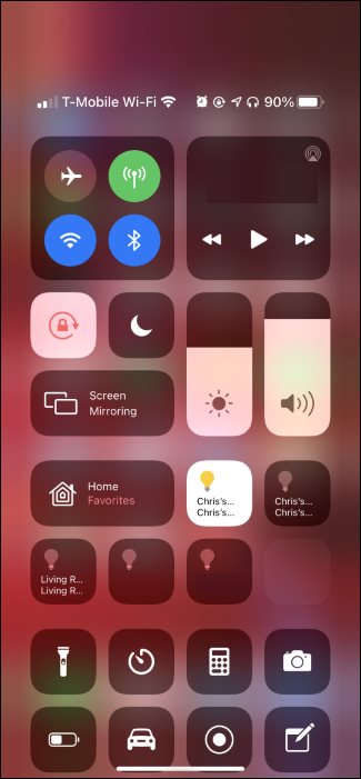 The iPhone Control Center showing smart home controls.