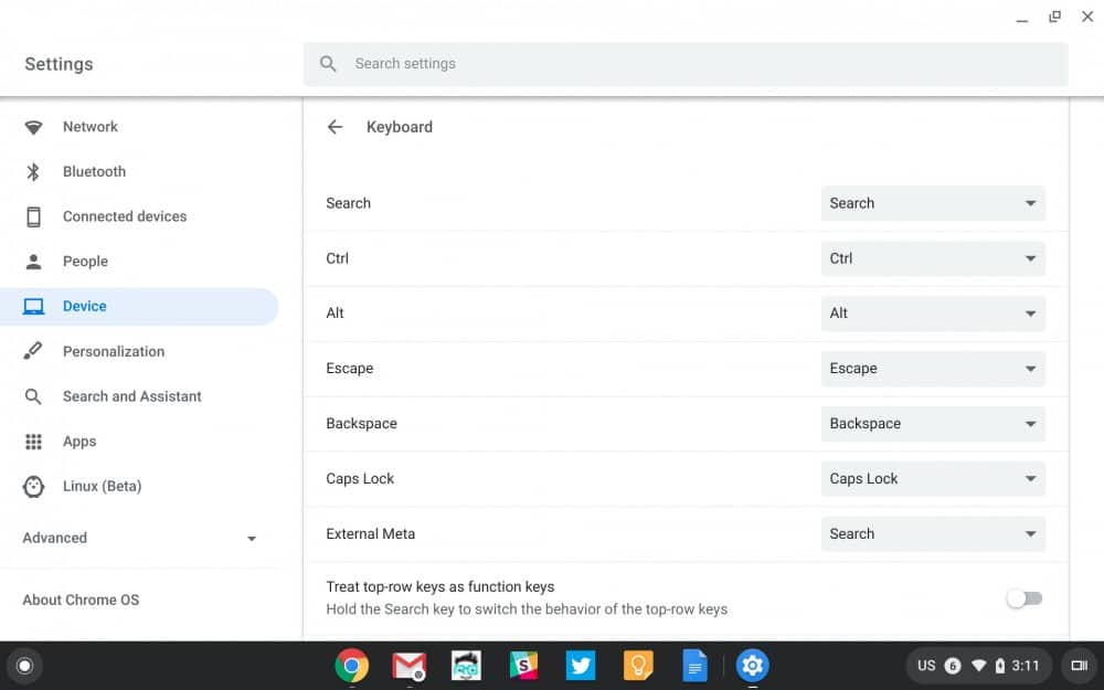 Chrome OS keyboard settings menu