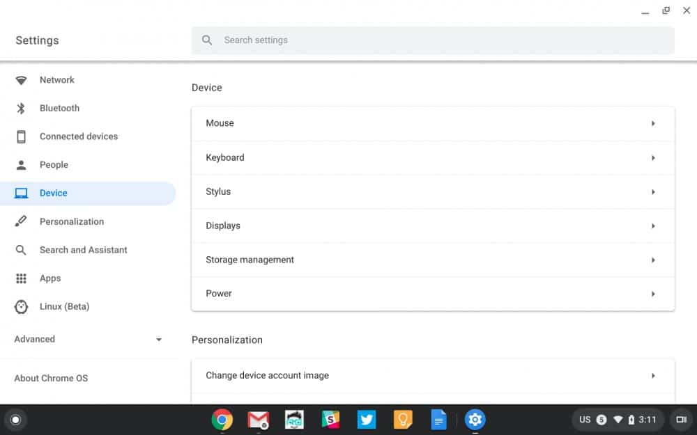 Chrome OS settings menu