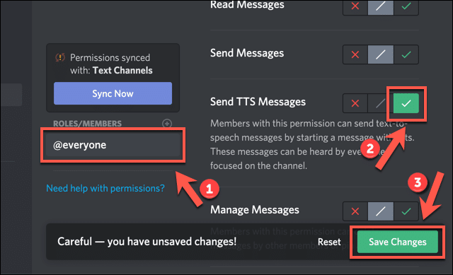 In the "Permissions" tab, select your user role, then click the green tick icon next to the "Send TTS Messages" Option before clicking "Save Changes" to save.