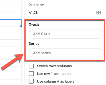 Click "Add X-Axis" or "Add Series" to add an X or Y-axis to a Google Sheets chart or graph in the Chart Editor panel.