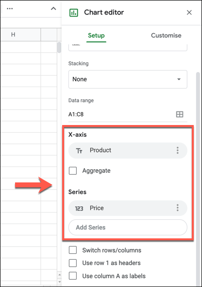 The axes used for a Google Sheets chart will be listed under the "X-axis" and "Series" columns in the "Setup" tab of the "Chart Editor" panel.
