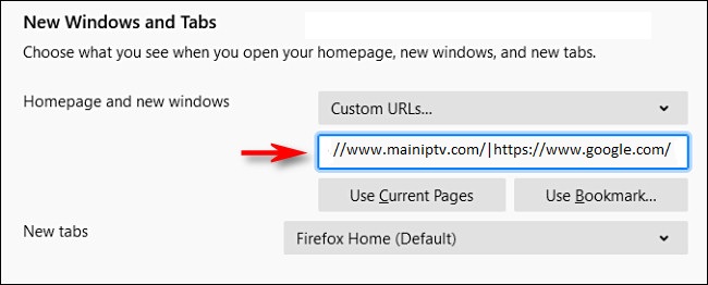 Setting multiple home page tabs in Firefox using the pipe character.