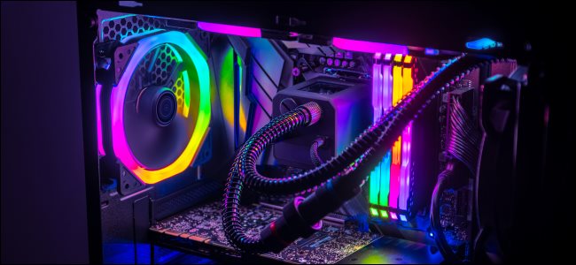 The internals of a gaming PC with RBG LEDs.
