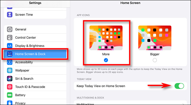 In iPad Settings, tap "Home Screen & Dock."