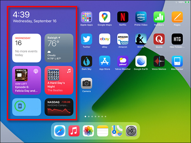 The "Today View" widget area as seen on the iPad Home Screen in iPadOS 14.