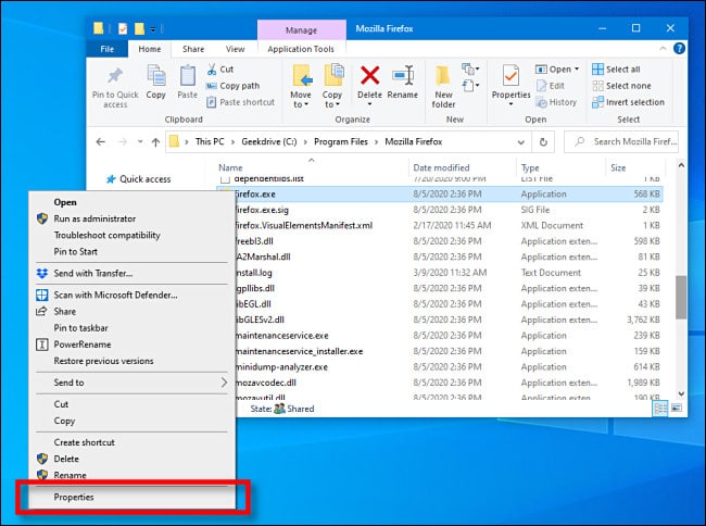 Right-click the EXE file and select "Properties" in File Explorer on Windows 10.