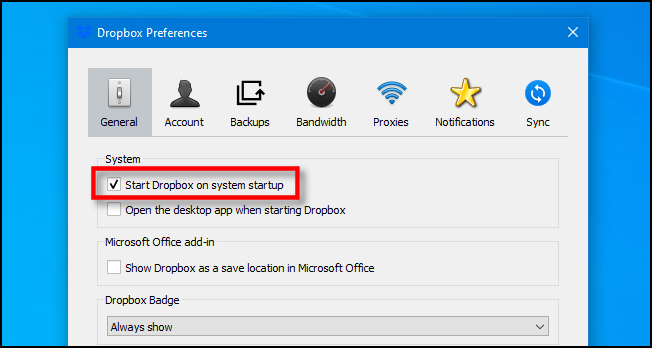 Uncheck "Start Dropbox on system startup" on Windows 10.