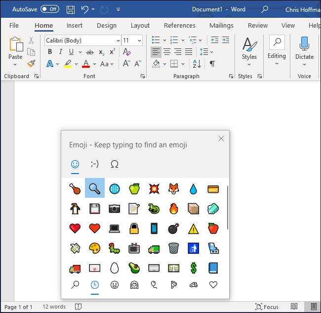 Windows 10's emoji picker in Microsoft Word 365.