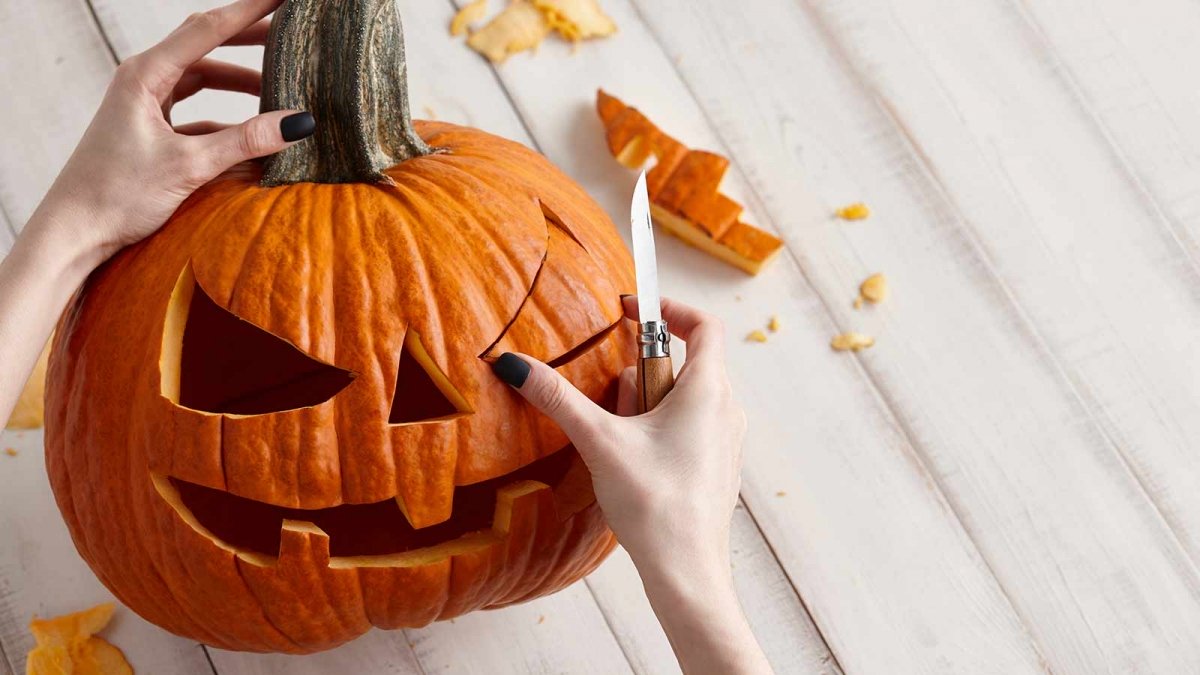 A woman's hands carving a jack-o'-lantern.