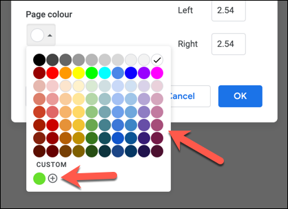 Select a preset color from the "Page Color" drop-down menu, or press the add button in the "Custom" section.