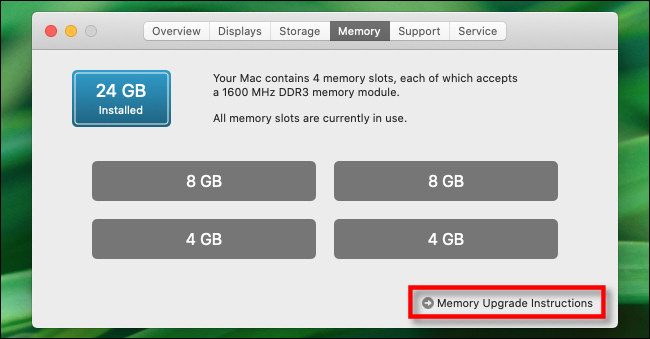Click "Memory Upgrade Instructions" for information about how to upgrade the RAM in your Mac.