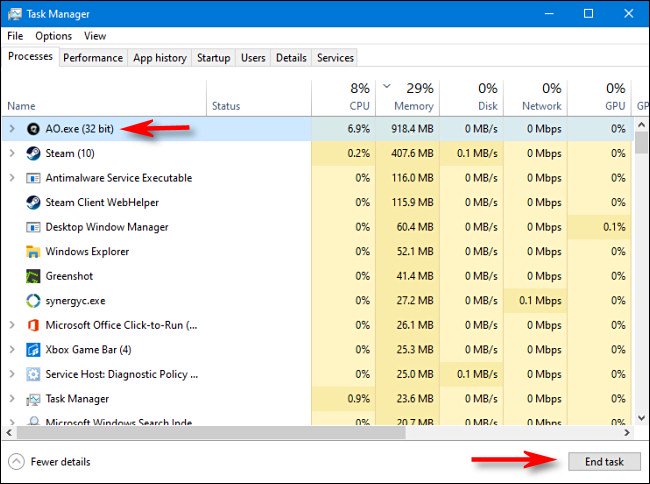 To kill a process in Task Manager for Windows 10, select the process from the list and click "End task."