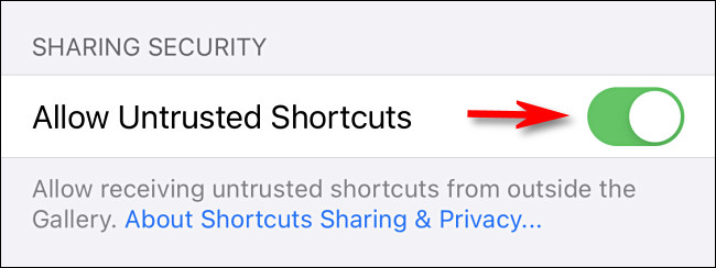 Toggle-On Allow Untrusted Shortcuts.