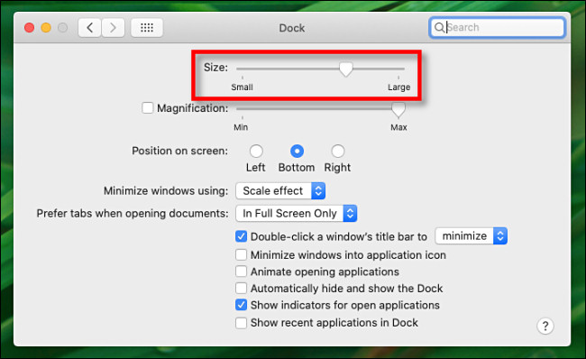 In Dock Preferences on Mac, use the Size slider to change the size of the Dock.