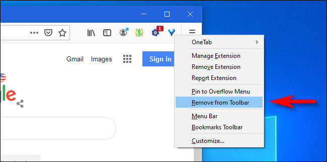 In Firefox, right-click the toolbar icon and select "Remove from Toolbar."