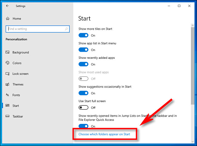 In Windows Settings, click Choose which folders appear on Start.