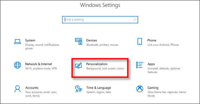 In Windows 10 Settings, click Personalization.