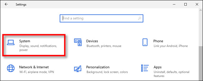 In Windows 10 Settings, click System.