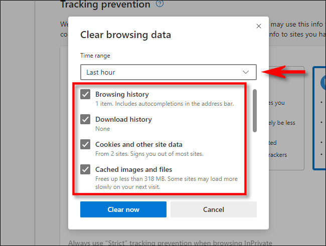 In the Microsoft Edge "Clear browsing data" window, select which aspects of your history you'd like to clear.
